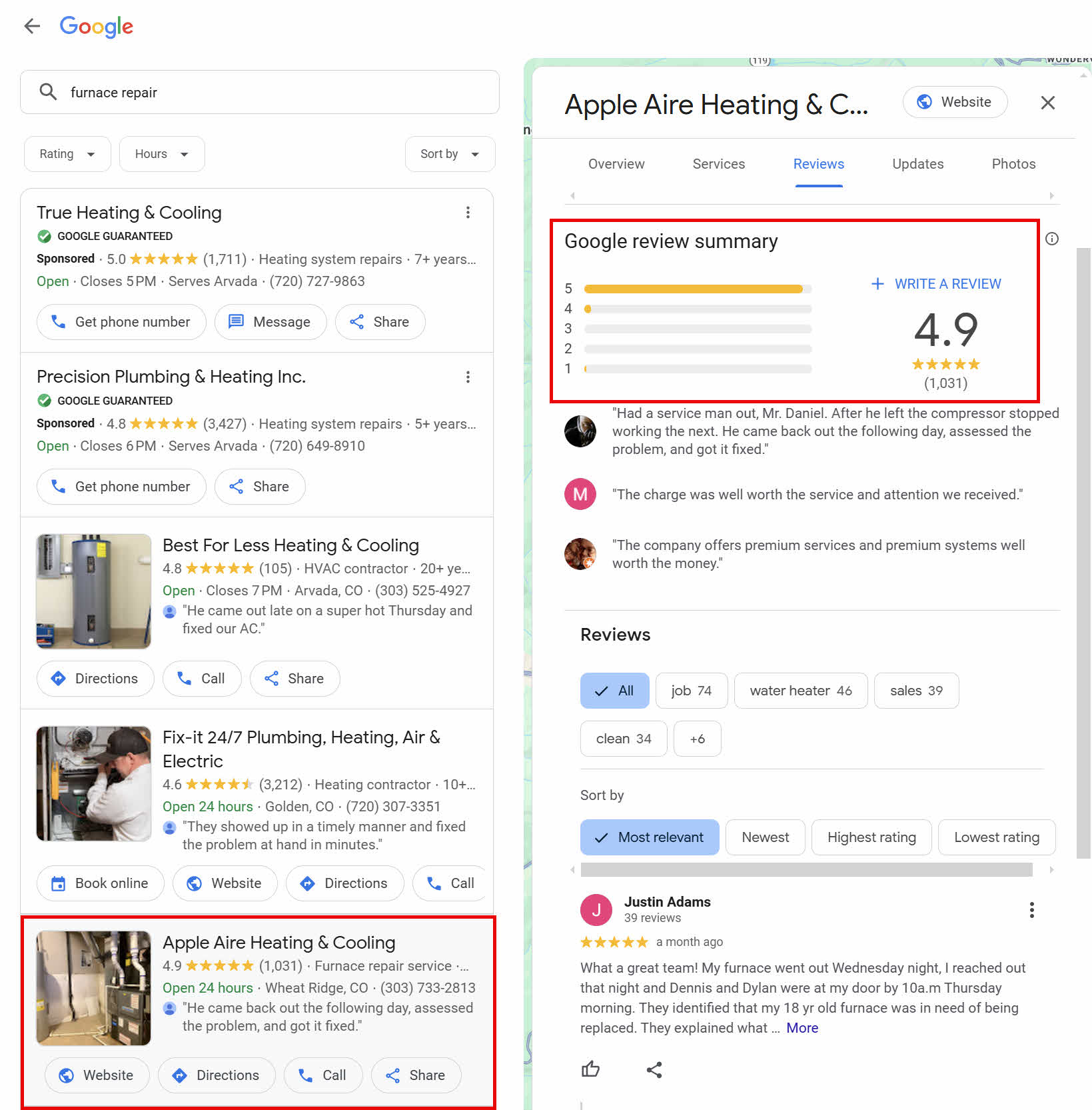 Example of Reviews on a Google Business Profile