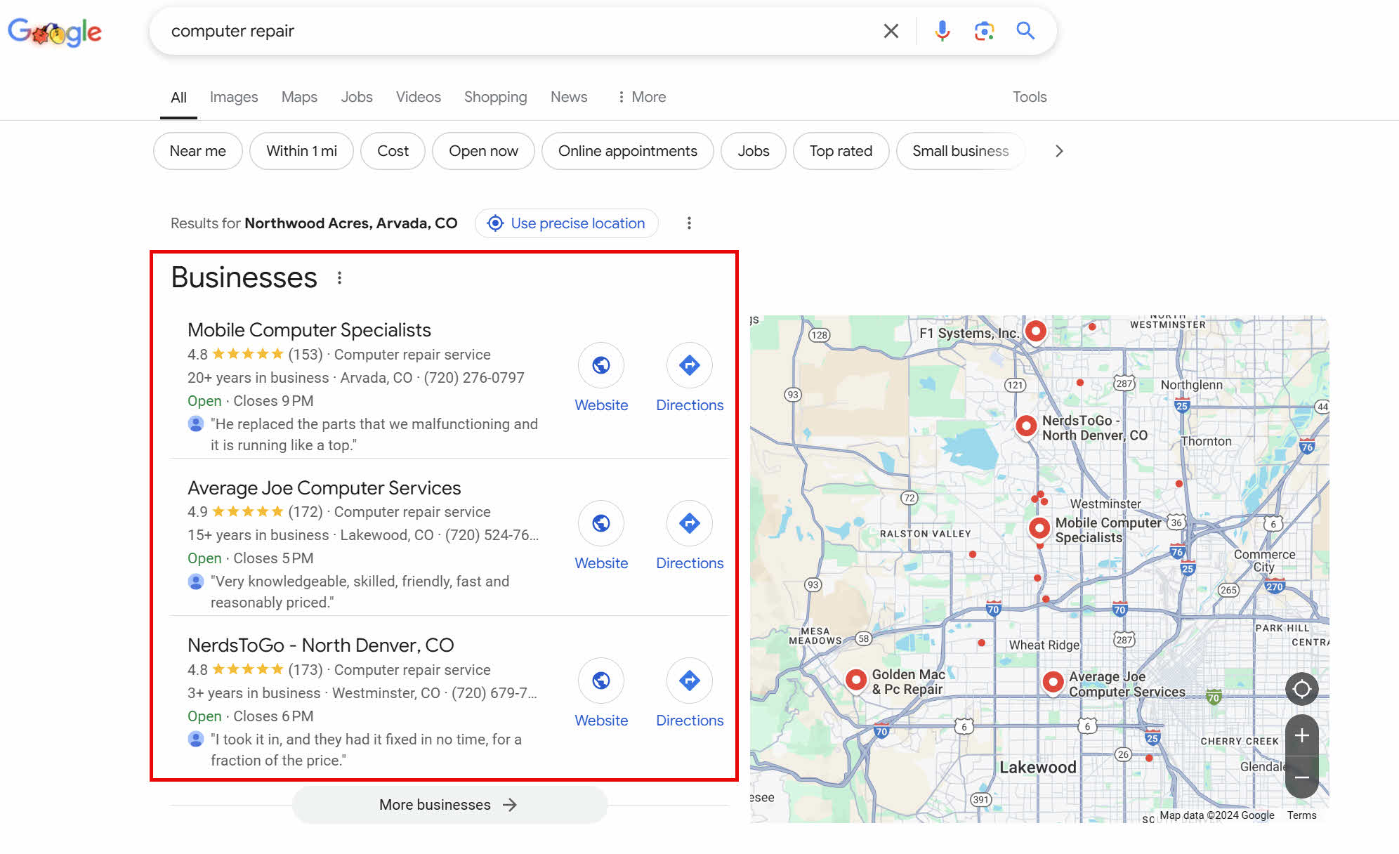 Example of a Google Business Profile